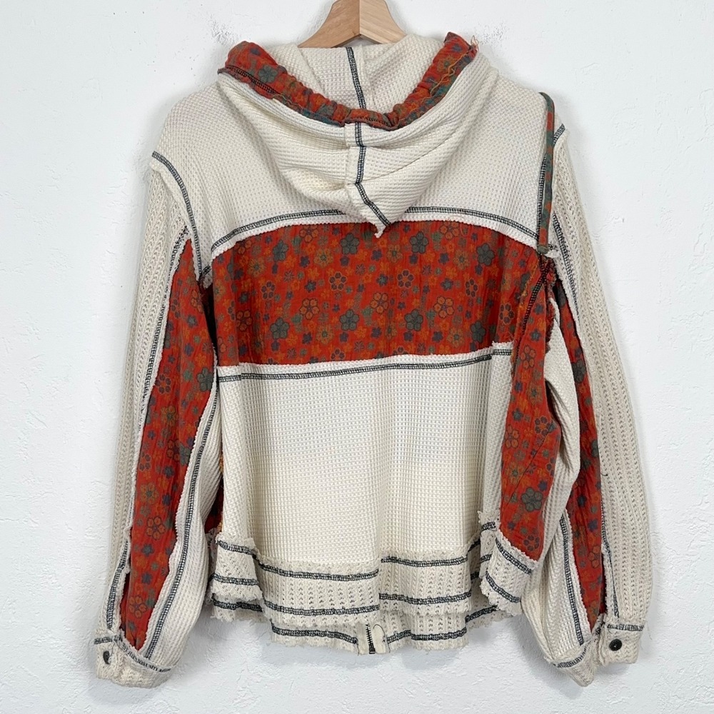 POL Womens Hippie Boho Hoodie Size Medium Cream Floral Peace Sign Thermal Knit - Picture 4 of 7